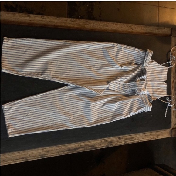 Free People] Blue White strips Belted Overall Jumpsuit - Picture 8 of 16